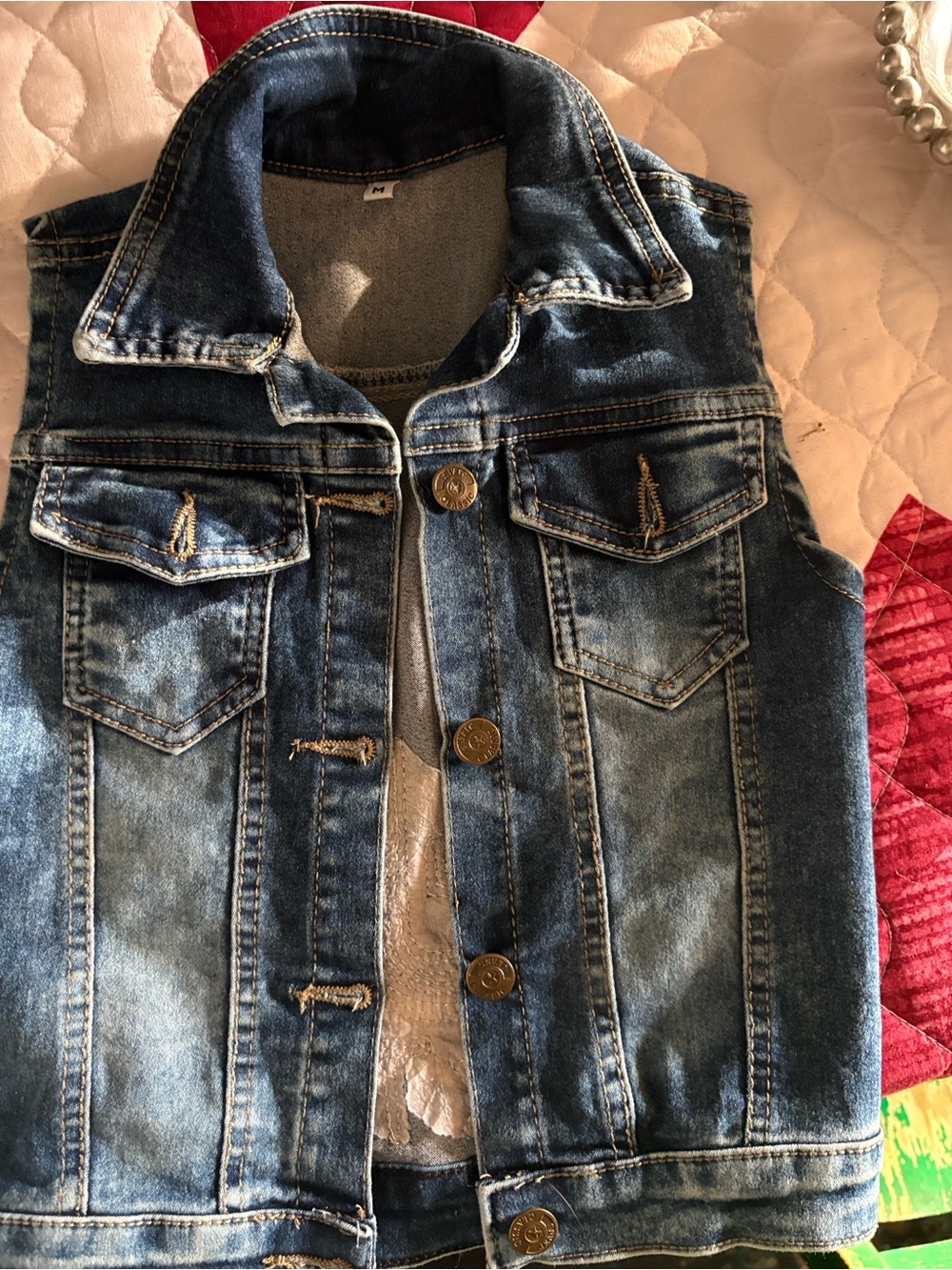 Classic Brass-Tone Star Button on Denim Tik Tok Vest with tons of bling!